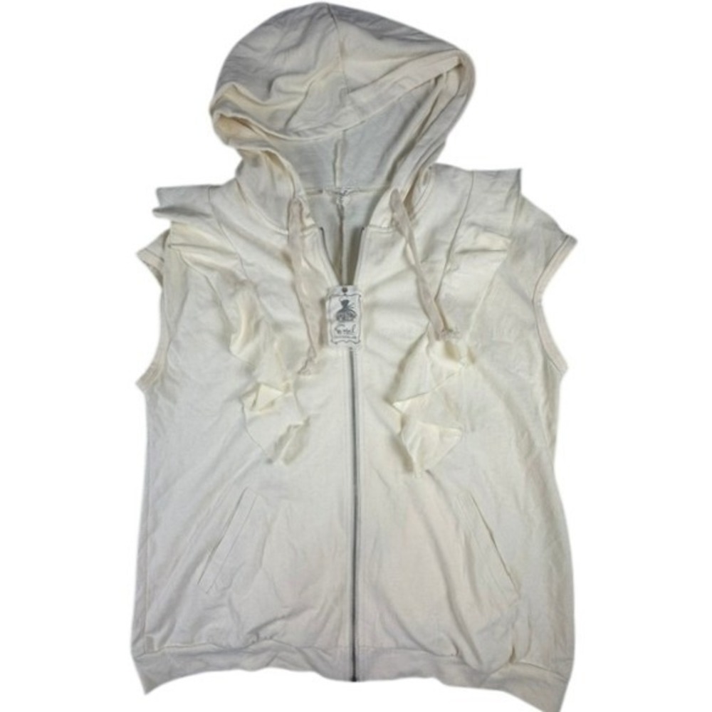NWT Easel Sleeveless Hoodie Womens S Cream Ruffle Trim Full Zip Cotton Vest